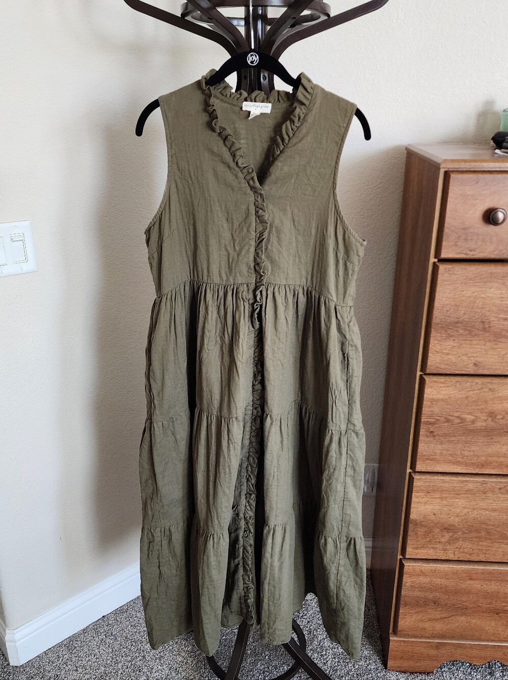 The Village Green HOUSE DRESS Sleeveless Moss Ruffle-Trim Midi Tiered Dress L